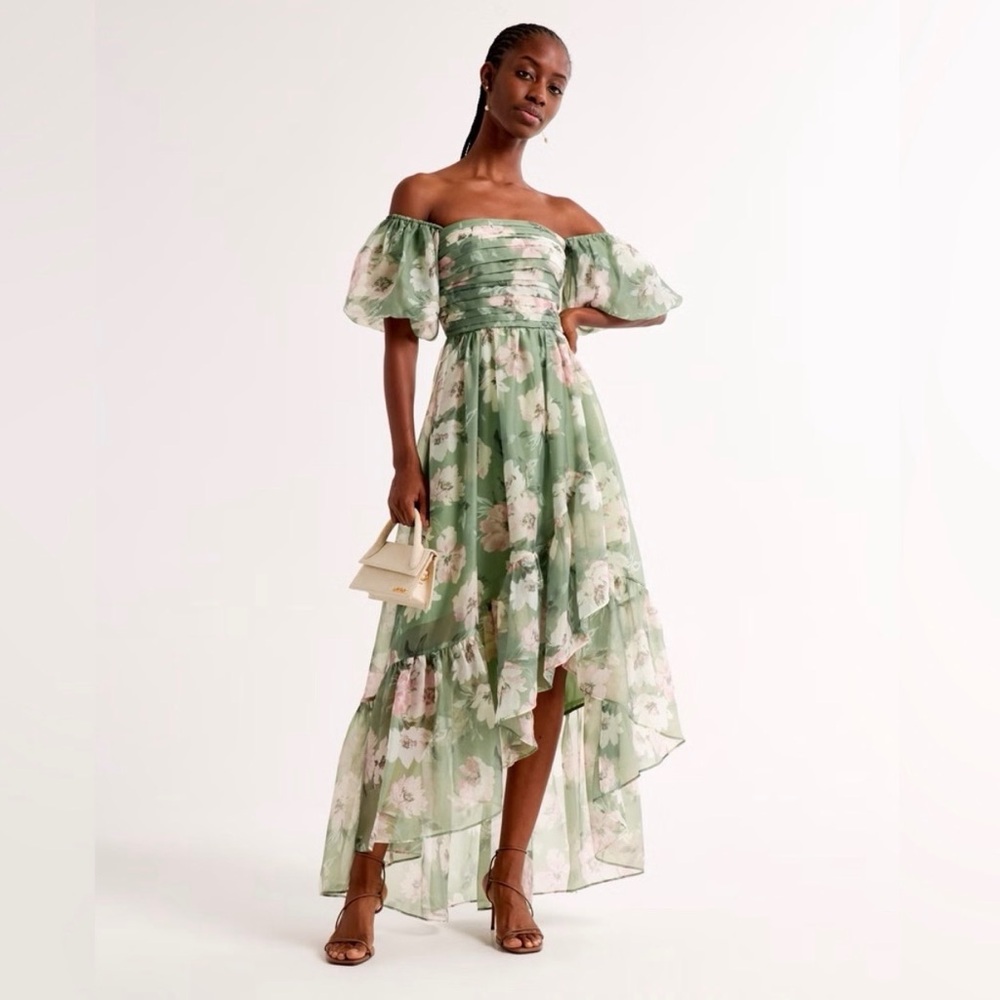 Abercrombie Floral Off-Shoulder Green High Low Dress